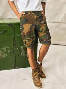 Men's Summer Camouflage Diamond Crochet Cargo Denim Shorts, Loose Wide Leg - Army Green - View 6