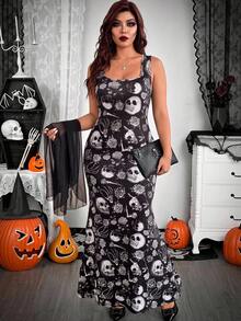 SHEIN EZwear Plus Size Skull & Floral Print Mermaid Dress With Asymmetrical Shoulder Sheer Top 2 Pieces Set Fall - Black and White - View 7