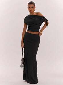 SHEIN BAE Women's Solid Color Asymmetric Neck Drawstring Design Top And Mermaid Skirt Fashion Two Pieces Set - Black - View 7