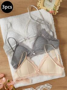 SHEIN 3pcs/Set Teen Girl Minimalist Solid Color Lace Trim Triangle Cup Wireless Comfortable Bra, Student Underwear,Summer,Travel Autumn Fall - Multicolor - View 2