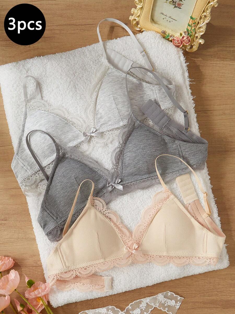 SHEIN 3pcs/Set Teen Girl Minimalist Solid Color Lace Trim Triangle Cup Wireless Comfortable Bra, Student Underwear,Summer,Travel Autumn Fall