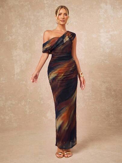 Lumalex Fall Winter Women's Tie-Dye Asymmetrical Shoulder Ruched Fitted Elegant Dress Daily-To-Gala Versatility Quiet Luxury Meets Party Flair