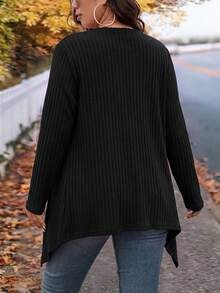 SHEIN LUNE 大尺碼冬季時尚不規則領設計長款針織開襟衫，適合外出與上班穿著 - 黑色 - 查看 2