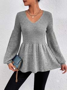 Cloudara Lantern Sleeve Peplum Sweater - Light Grey - View 4