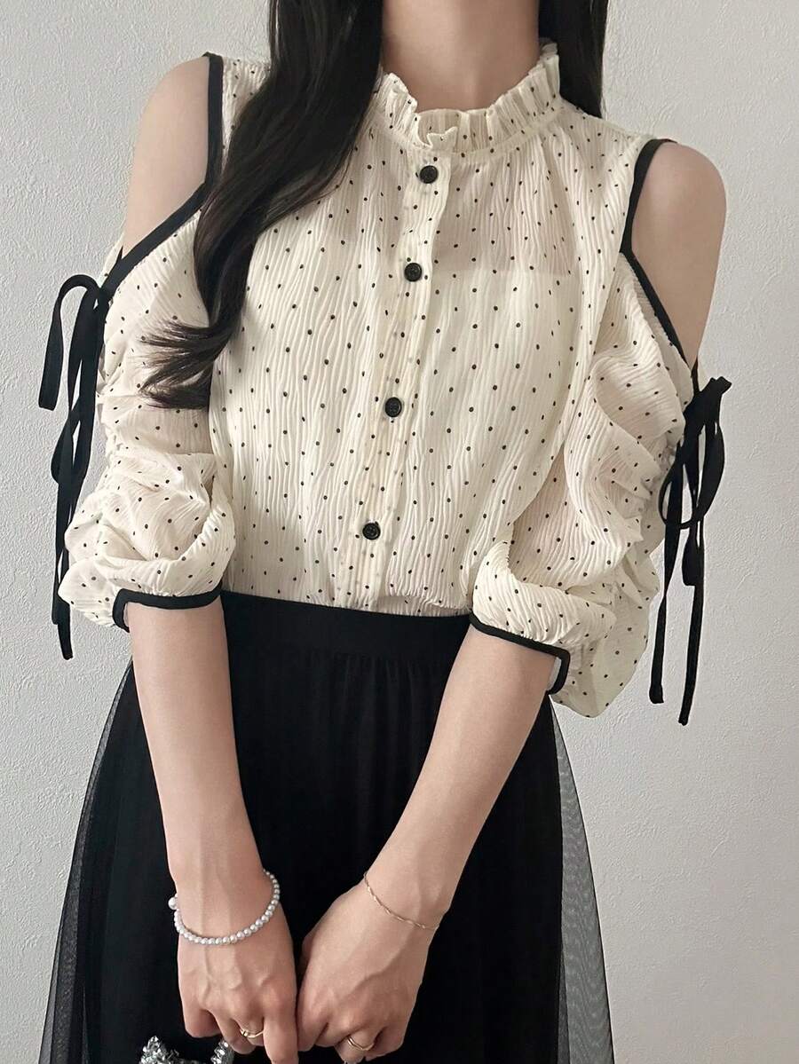 FRIFUL 女款波點露肩單排扣時尚襯衫可愛上衣度假風 - 米色 - 查看 1