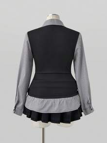 Sunspun Plus Size Fashion Versatile Square Neck Long Sleeve Mixed Fabric Patchwork Frill Trim Cinched Cinched Waist Blouse Fall - Black - View 2