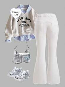 SHEIN ChillGRL TWEEN GIRLS 青少年女孩牛仔褲 復古水洗色 街頭時尚 水洗磨損毛邊喇叭褲 百搭時尚新款 - 白色 - 查看 2