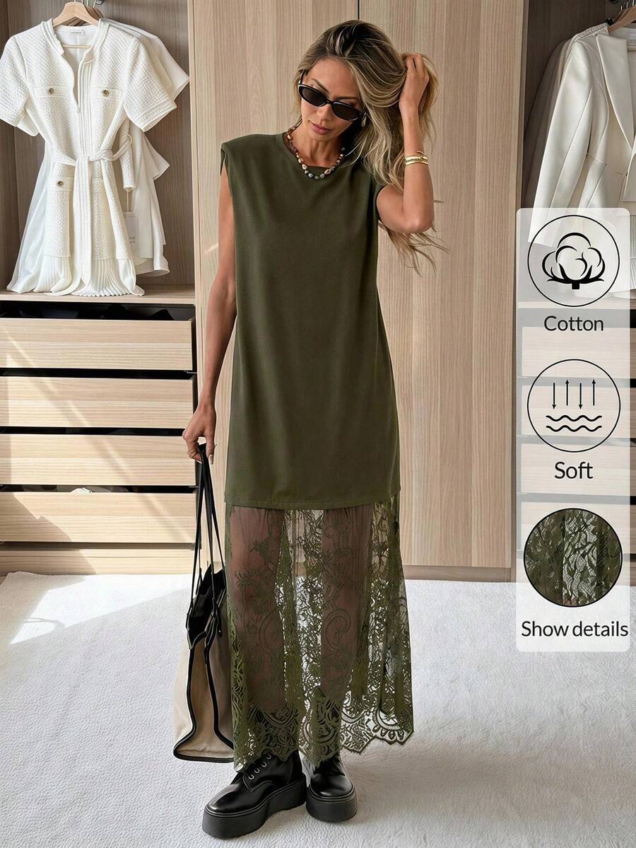 SHEIN LUNE Women's Casual Solid Color Lace Patchwork Spring/Summer Everyday Basic Outfit Sleeveless Long Dress For Outing And Commuting - Green - View 1