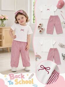 SHEIN 2件組女嬰幼兒/新生兒0-3歲可愛休閒居家/戶外條紋蝴蝶結3D蝴蝶結T恤上衣+條紋長褲套裝，嬰兒莫蘭迪藍色衣著，春/夏 - 紅色 - 查看 2