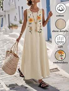 EMERY ROSE CURVE Plus Size Women's Autumn/Winter Fashion Casual Loose Comfortable Everyday All-Match Versatile Beige Sleeveless Floral Embroidered Long Tank Dress - Multicolor - View 1