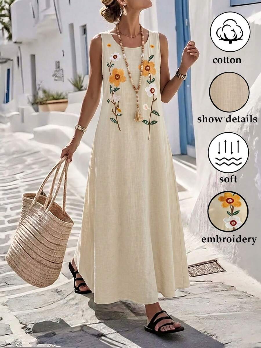 EMERY ROSE CURVE Plus Size Women's Autumn/Winter Fashion Casual Loose Comfortable Everyday All-Match Versatile Beige Sleeveless Floral Embroidered Long Tank Dress - Multicolor - View 1