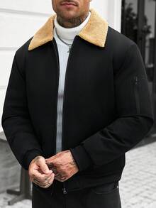 Manfinity CasualCool Men's Solid Color Long Sleeve Jacket, Suitable For Autumn/Winter Wear, Black - Black - View 3