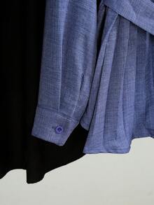 Modelyn Autumn Blue Turn-Down Collar Back Pleated Waist Rope Cinched Design Long Sleeve Elegant Commute Plus Size Women's Blouse - Blue - View 6