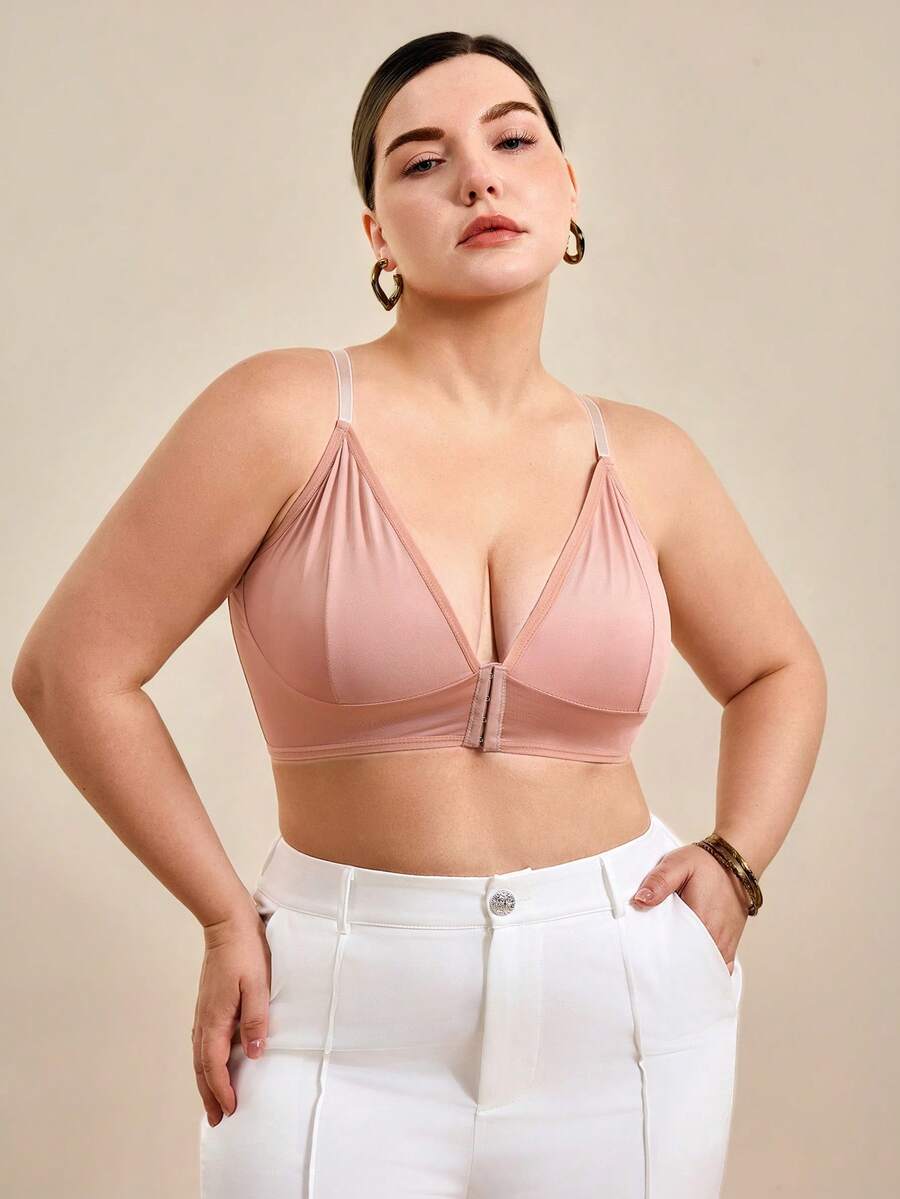 Hourtrue Plus Size Comfortable Wireless Front-Closure Bra - Apricot - View 1
