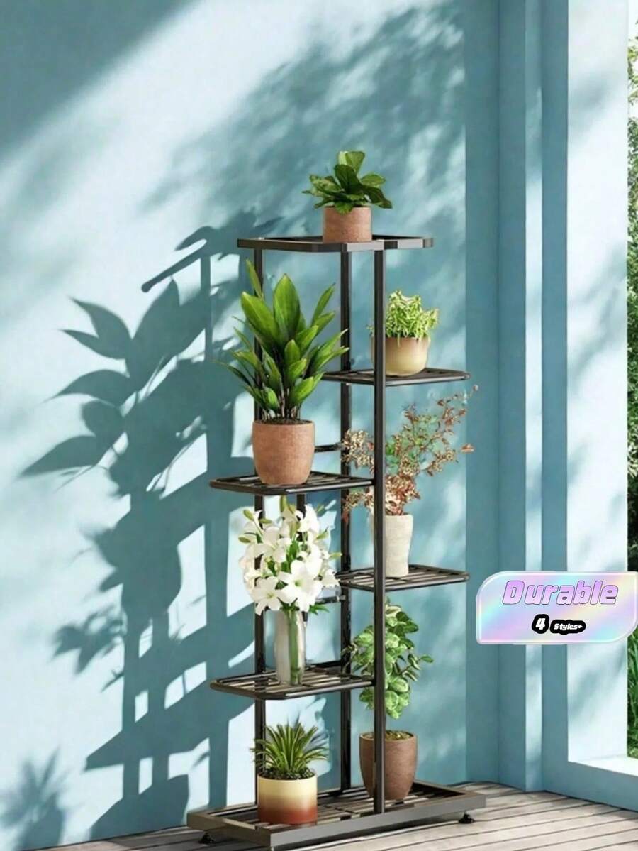 1pc Iron Flower Stand, Black/White Minimalist Style Plant Rack, Suitable For Living Room, Balcony Decor, 4-8 Tier Multi-Layer Storage Shelf, Multifunctional Display Rack