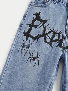 SHEIN Baby Boy Letter Pattern Pocket Button Casual Daily Denim Jeans - Light Wash - View 4