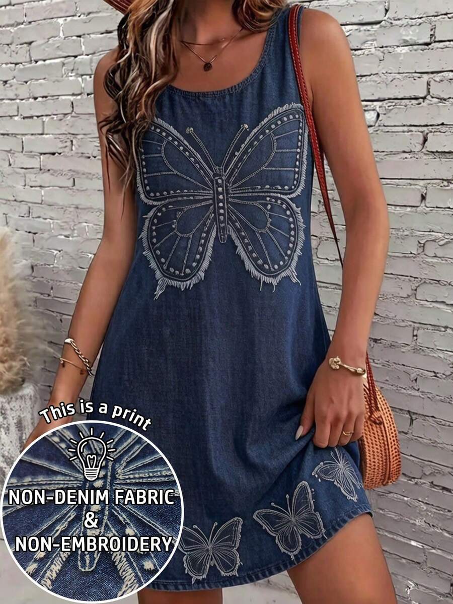EMERY ROSE Retro Boho Elegant Denim Butterfly Print Round Neck Sleeveless A-Line Midi Dress For Women, Suitable For Autumn Casual, Commute, Vacation Blue - Multicolor - View 1