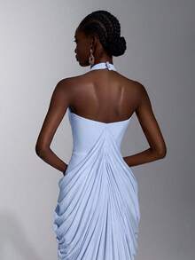 Elitara Elegant Minimalist Fashion Blue Elastic Mesh Halter Strap Full Pleated Maxi Formal Evening Gown For Women - Blue - View 4