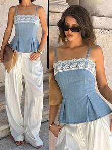 SHEIN EZwear Women's Contrast Lace Pleated Hem Fashion Camisole Denim Top Fall Elegant Top Social Cowgirl For Women Country Concert - Medium Wash - View 4