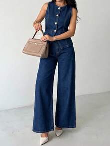 SHEIN PETITE Women's Fashion Button-Up Top And Loose Wide-Leg Jeans Set - Blue - View 2