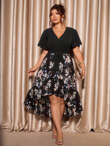 Cravure Plus Size Women's V-Neck Short Hem Asymmetrical Print Dress Wedding Theme Party Guest Evening Formal Black Summer Elegant Celestial - Black - View 5