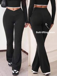 SHEIN Core Rhythm Seamless Yoga Flare Leggings - Black - View 1