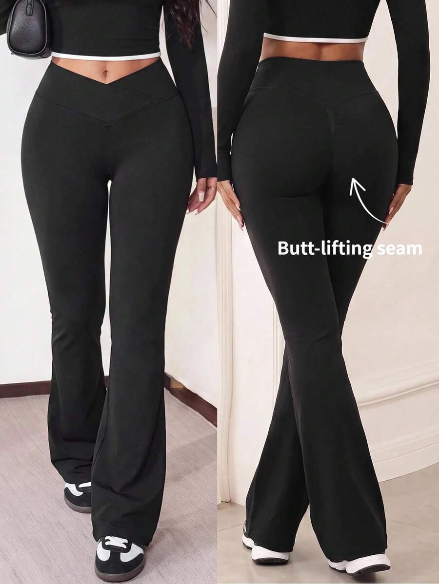 SHEIN Core Rhythm Seamless Yoga Flare Leggings - Black - View 1