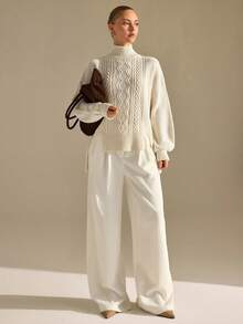 CLARA VERO Turtleneck Split Hem Cable Sweater, Loose Fit, Daily Or Cozy, Chunky Cable Knit, High Neck - White - View 6