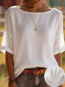 SHEIN LUNE Women's Knitted Plain And Simple Casual Vacation Summer Short-Sleeved T-Shirt - White - View 1