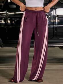 Hauture Women's Sexy Casual Striped Patchwork Wide Leg Loose Fit Sweatshirt Pants - Red - View 6