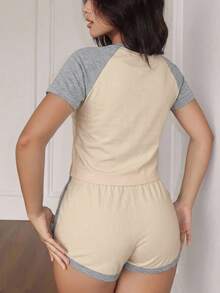 DAZY Conjunto de ropa de estar en casa de 2 piezas de corte ajustado, manga raglán de color contrastante, estilo casual - Albaricoque - Ver 2