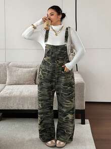 Dazy Plus Camouflage Print Pocket Casual Streetwear Sweet Cool Loose Fit Long Denim Overalls Plus Size Women Spring Summer - Army Green - View 6