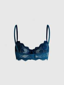 ROMWE Plus Size Dark Gothic Eyelash Floral Lace Underwire Triangle Cup Bra - Navy Blue - View 2