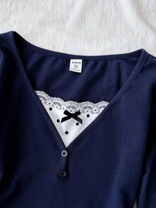 Teen Girl Teen Girls Knitted Royal Blue Patchwork Polka Dot Casual Long Sleeve T-Shirt - Navy Blue - View 4