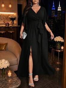 Auvina Plus Size Women's Solid Color Form-Fitting V-Neck Flared Short Sleeve Tie Waist Ruched Slit Elegant Party Maxi Dress - Black - View 3