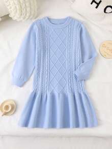 SHEIN Fashionable Cute Cable Knit Sweater Dress For Young GirlVersatile Outer Knit - Blue - View 1