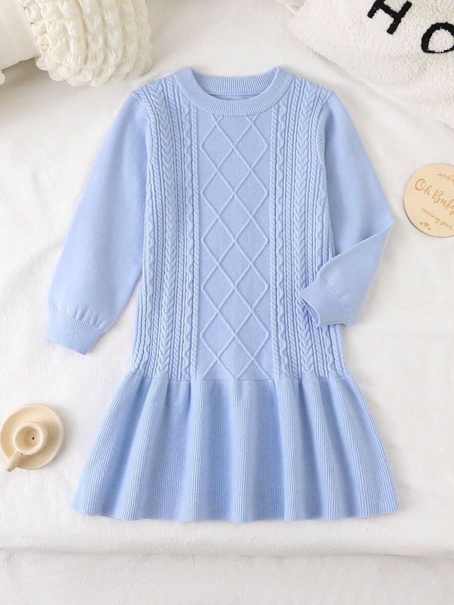 SHEIN Fashionable Cute Cable Knit Sweater Dress For Young GirlVersatile Outer Knit - Blue - View 1