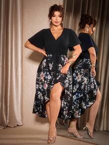 Cravure Plus Size Women's V-Neck Short Hem Asymmetrical Print Dress Wedding Theme Party Guest Evening Formal Black Summer Elegant Celestial - Black - View 3