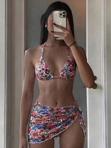 Swim Vcay 女士热带花卉图案露背系带性感比基尼三件套泳衣，适合海滩度假 - 彩色 - 查看 3