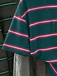 SHEIN EZwear 韓式粉色與白色條紋圖案圓領T恤，日常秋冬返校女款標準版夏季上衣，休閒街頭風 - 彩色 - 查看 3