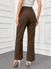 Modelyn Women's Solid Minimalist Basic Button Front Pants In Fall/Winter - Coffee Brown - View 3