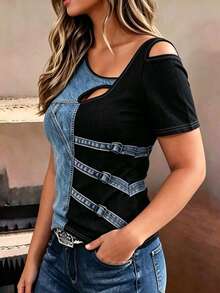 EMERY ROSE Autumn New Digital Print Denim Effect Casual Slim Fit Flattering Plus Size T-Shirt, Casual Outing Daily Wear - Multicolor - View 3