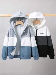 SHEIN 青少年男孩秋冬休閒拼色拼接衛衣，柔軟舒適，適合度假、婚禮、生日派對、學校節慶 - 霧霾藍 - 查看 4