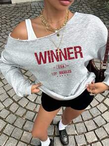 SHEIN EZwear 女款四季通用不對稱領口印花胸前圖案運動衫，休閒時尚街頭風，現代都市商務休閒辦公穿搭 - 灰色 - 查看 4