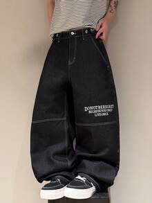 街頭風復古時尚百搭做舊水洗腰帶扣多口袋字母刺繡設計寬鬆直筒寬腿休閒牛仔褲（不含腰帶與配件） - 黑色 - 查看 3