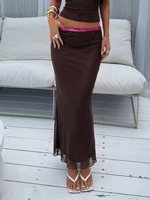 Aloruh Women's Elegant Disco Sexy Low Waist Beaded Embroidered Metallic Bodycon Skirt Night Party Brown Sequin Autumn - Coffee Brown - View 7