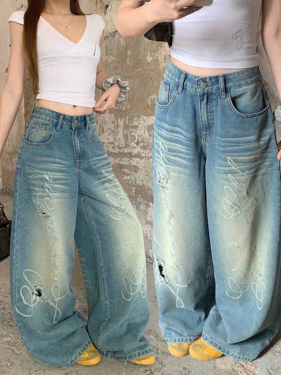 DAZY Women's Letter Distressed Design Loose Straight Leg Jeans, Casual Street Style Fall - Medium Wash - View 1