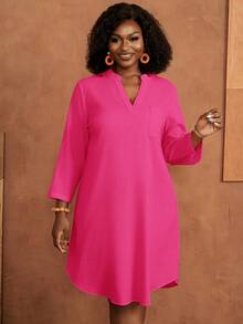 BrightlyHer Plus Size Solid Color Versatile Pocket Textured Dress For Daily Wear Fall - Hot Pink - View 7