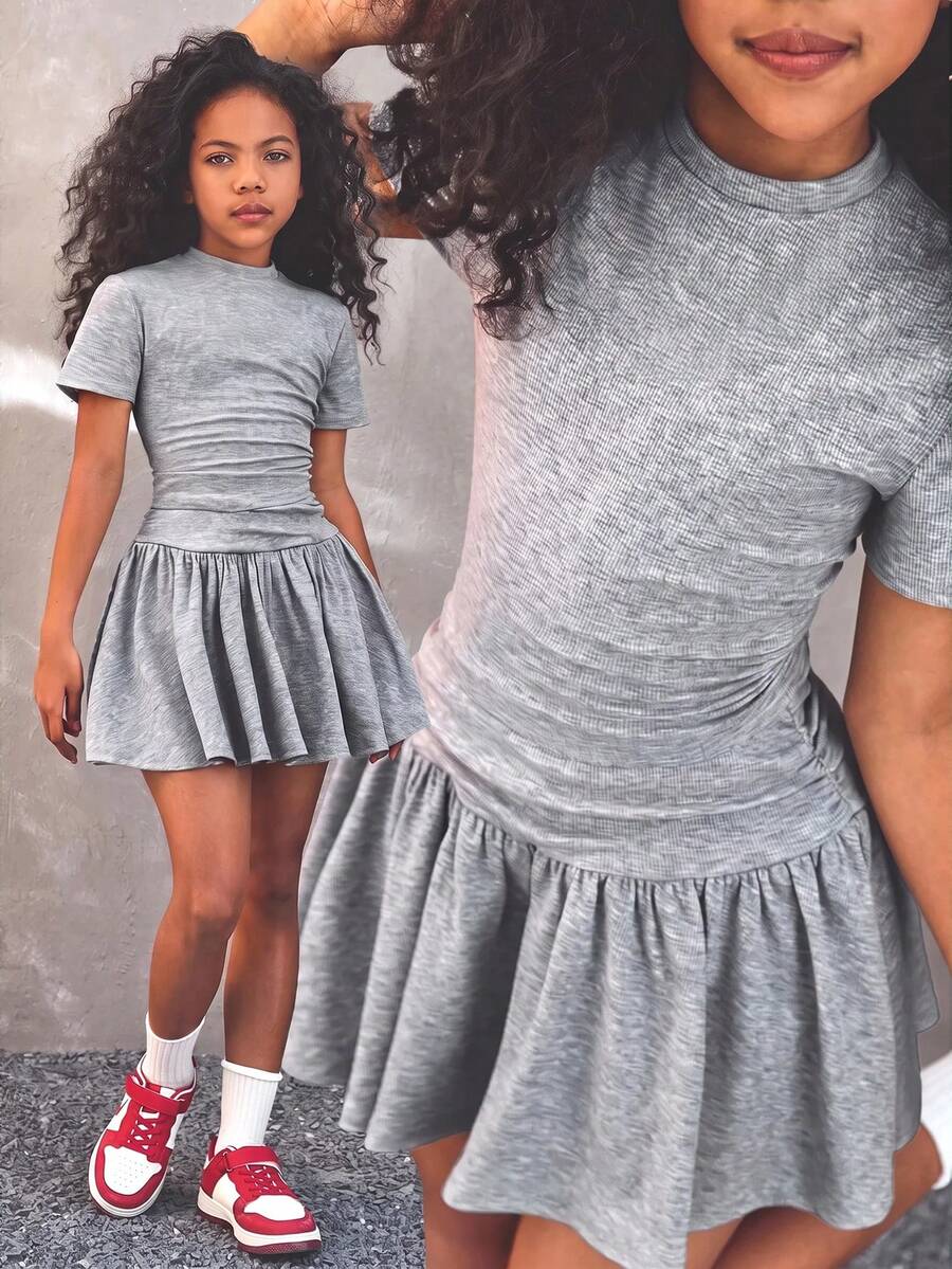 Coolane Kids Tween Girl Mock Neck Ruched Slim Fit Tee & Ruffle Hem Skirt,Back To School,Y2K,Streetwear,Summer/Fall - Grey - View 1