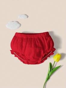 SHEIN Newborn Baby Minimalist Comfortable Soft Textured Ruffle Hem Elastic Waist Bottoms,Kids - Red - View 2